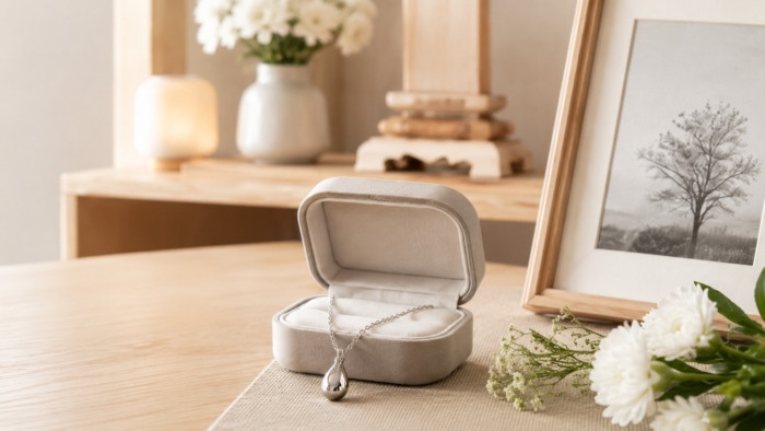 木製のテーブルに置かれたジュエリーボックスと遺骨ペンダント。白い花や写真盾を添えた手元供養のイメージ